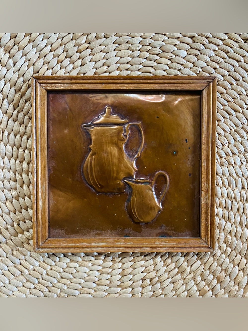 Vtg Coppercraft Guild Embossed Copper Coffee Pot Wall Art Plaque Wood Frame 7”